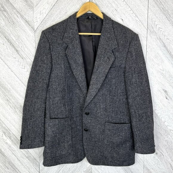 Vintage Harris Tweed Blazer Sport Coat Jacket Men Size 42R Gray Wool Herringbone - Picture 1 of 7